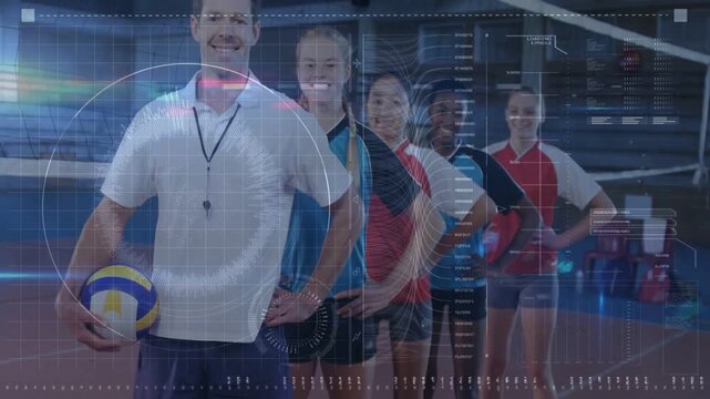 Camera pulling back, HUD scanning group, coach holding volleyball, players joining lineup for match