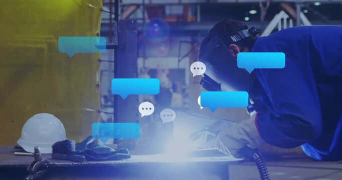 Vertical video: Welder igniting arc on joint in metal shop, joining metal, chat bubbles clustering