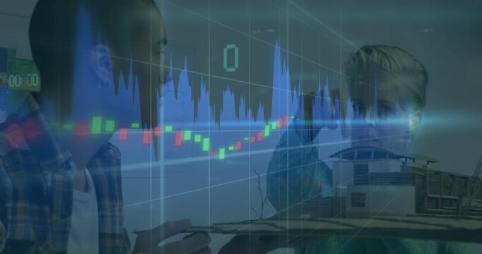 Leaning left person using tablet at table as data overlay scrolling, right in plaid shirt helping