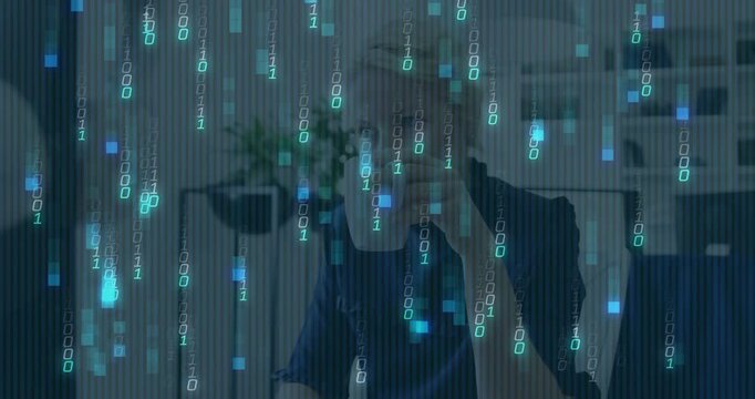 Woman sitting office binary overlay growing and causing phone lifting then settling analyzing tech