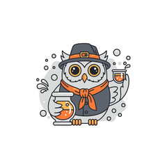 Cute Owl Bartender Serving Drinks in a Hat and Scarf.