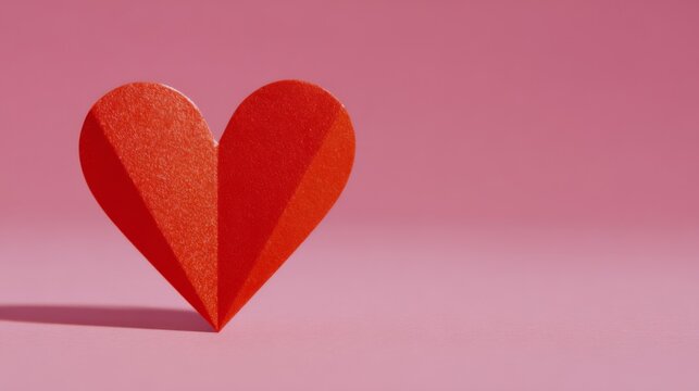 Clean minimalist composition of a folded red paper heart casting a gentle shadow on a pastel pink surface, perfect for romance, Valentine?s Day, or love themed designs.