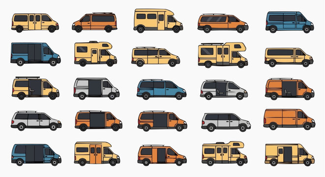 Variety of vans and campers collection in various colors and designs