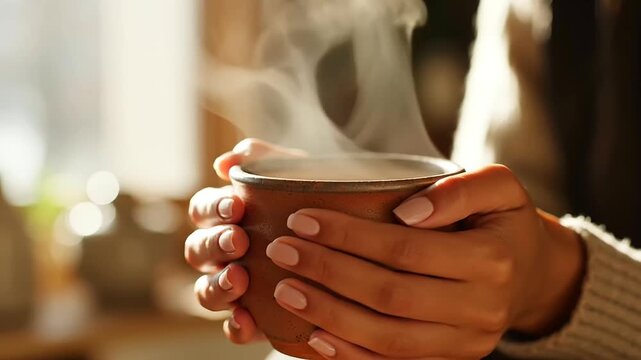 Embracing warmth and comfort with a steaming mug, promoting self-care and mental well-being for youth, especially relevant on International Youth Day.