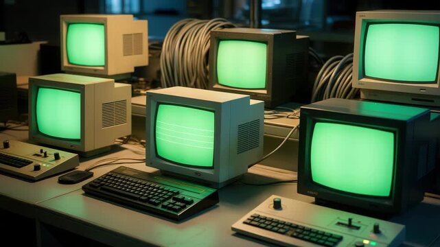 Retro computer workstations with green screens in a modern office setting