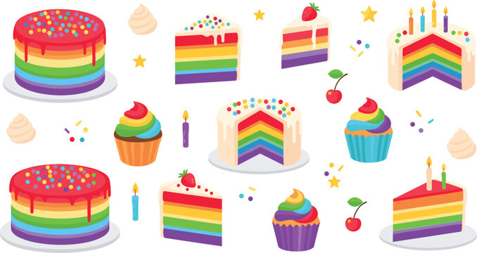 Colorful rainbow cake and cupcake collection with sprinkles candles strawberries and cherries for birthday celebration party vector illustration