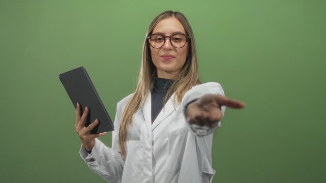 Woman holding tablet with hand extended, palm forward, offering to viewer in studio; confidence help.