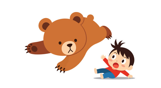 Bear attacking boy, vector illustration, cartoon style graphic for children's books and educational materials