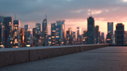 Obraz premium Rooftop concrete ledge sunset city skyline twilight urban skyline evening terrace skyline rooftop concrete ledge sunset city skyline twilight urban terrace view from low rooftop with warm lights