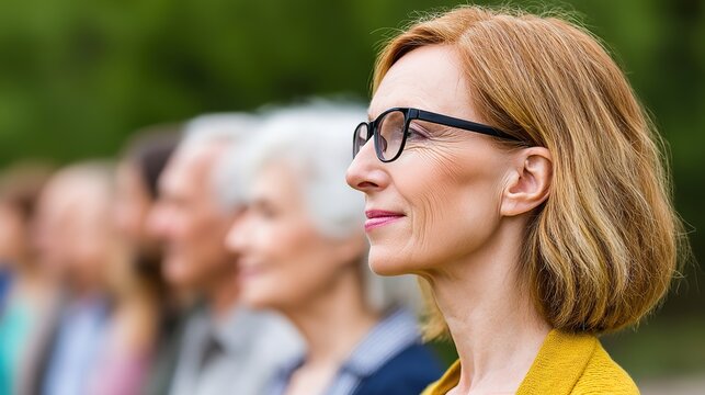 Serene Perspectives: A profile of an elegant woman with eyeglasses, part of a diverse group, looks out into the distance, conveying thoughtful and contemplative expressions.