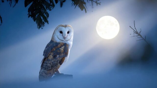 A barn owl perches in a moonlit scene. Moonlight beams around the owl at night