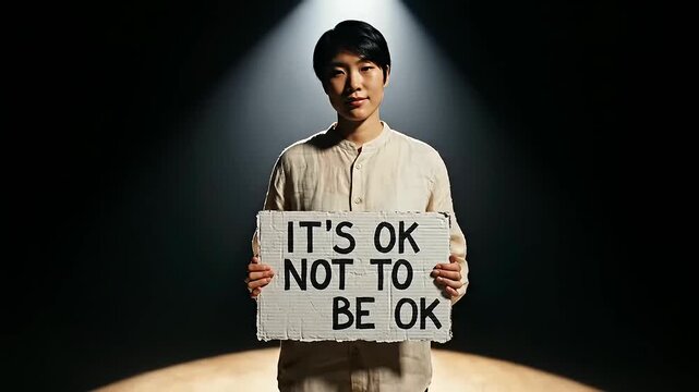 Under a dramatic spotlight, a person holds an 'It's OK Not To Be OK' sign, delivering a crucial message for youth mental health and International Youth Day awareness.