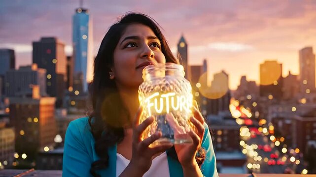 A radiant young woman interacts with a glowing "FUTURE" jar on a city rooftop at sunset, celebrating International Youth Day and promoting positive youth mental health with hope.