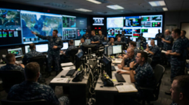 Military command center with intentionally blurred screens displaying mission data