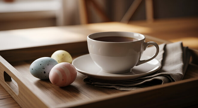 Elegant breakfast scene with coffee and painted Easter eggs on wooden tray creating a serene cozy and festive spring morning atmosphere
