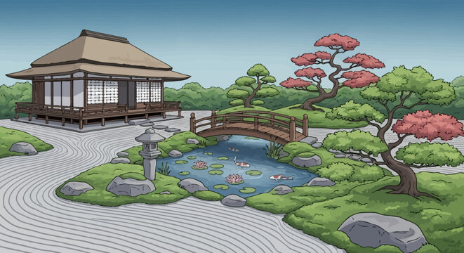 Serene Japanese garden with traditional house and pond