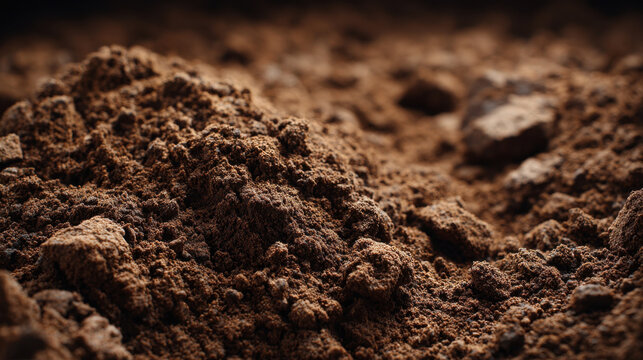Rich dark clean dirt close up texture with moist granular soil and earthy detail conveying natural warmth and organic richness