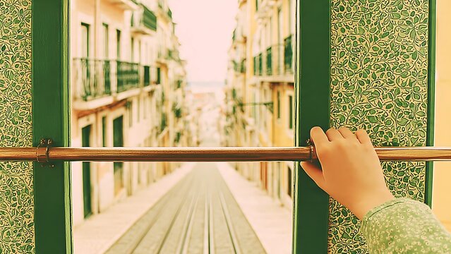 First-person view from a vintage funicular descending a steep historic European street. A hand rests on the brass rail, overlooking iconic architecture and tram tracks in a sunny city.