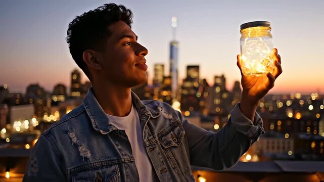 Young man on city rooftop at sunset finds peace holding glowing jar, inspiring hope for International Youth Day and positive youth mental health.