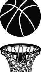 Basketball silhouette illustration featuring ball above hoop with detailed net design, symbolizing sports competition, athletic activity, teamwork, and dynamic energy in modern game concept. © MstMarufa