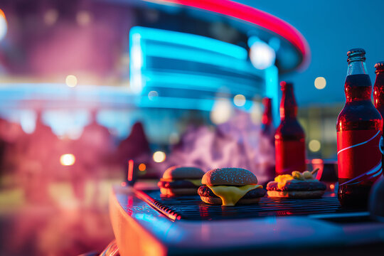 Tradicional Parrillada de Hamburguesas y gaseosas de noche frente a un estadio con luces de neon celestes y rojas en el Mundial 2026