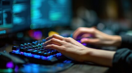 Fototapeta premium Female hands type on a mechanical keyboard with RGB lights while a cybersecurity software dashboard displays information in the background.