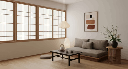Fototapeta premium Modern minimalist living room with gray couch and wooden accents