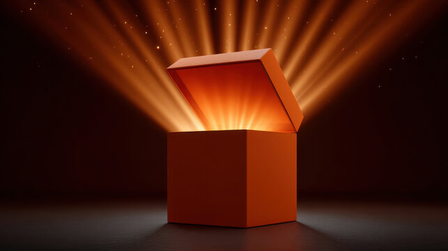Glowing orange box opening with radiant light beams and starry sparks, mysterious illuminated gift revealing warm orange glow and atmospheric spotlight ambiance