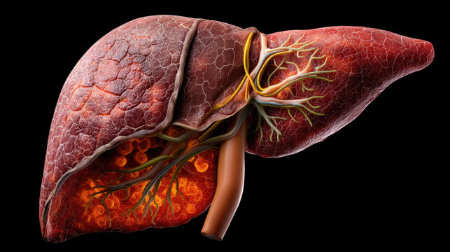 Hyper detailed medical illustration of diseased human liver showing cirrhosis texture, inflamed tissue, bile ducts and vascular anatomy conveying medical urgency and diagnostic focus