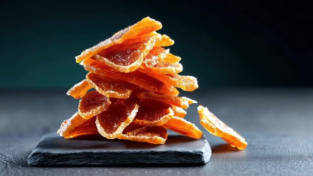 Dried fruit stacked on a black slate plate with a dark background at a kitchen setting