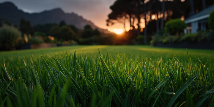 Lush green lawn summer garden sunrise with mountain silhouette and soft evening light casting warm glow over manicured grass and distant trees creating peaceful outdoor scene