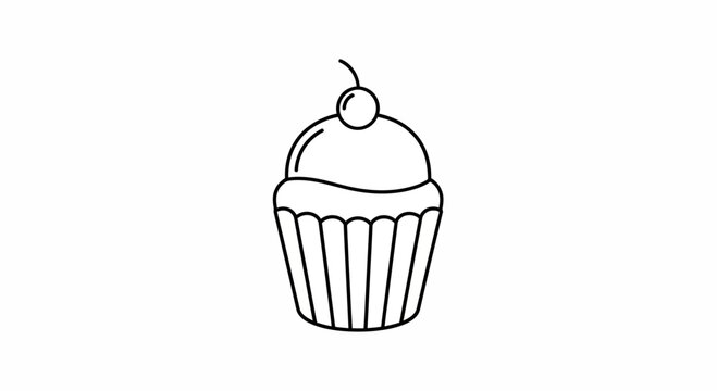 Simple black and white line art illustration of a cupcake with a cherry on top