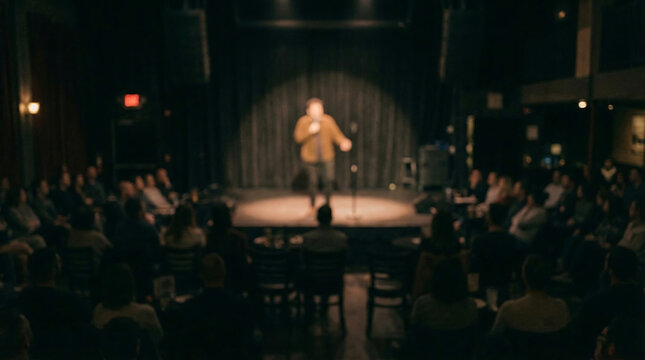 Intentionally blurred image of a stand-up comedian performing for a seated audience