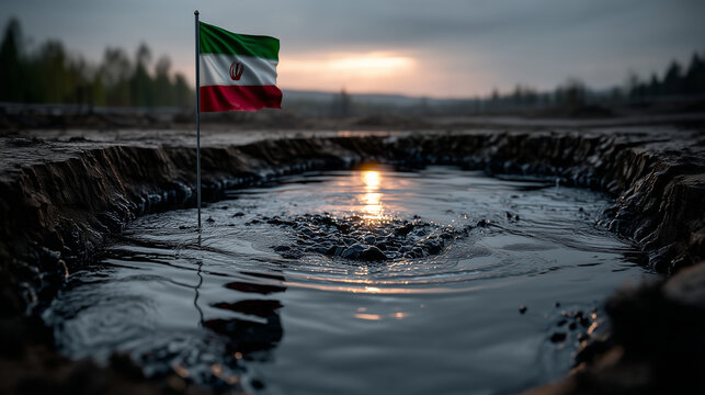 Irani Flag over oil well: A Irani flag gently waves above the scene, representing the nation's heritage, as the sun's warm light touches upon an oil well.