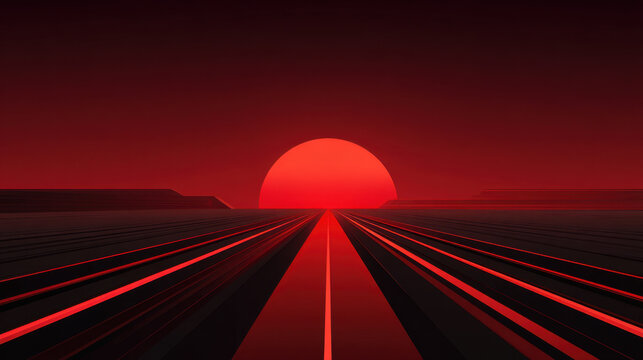 Red futuristic digital art landscape infinite road sunset with glowing horizon and dramatic perspective, atmospheric red tones evoke bold futuristic mood