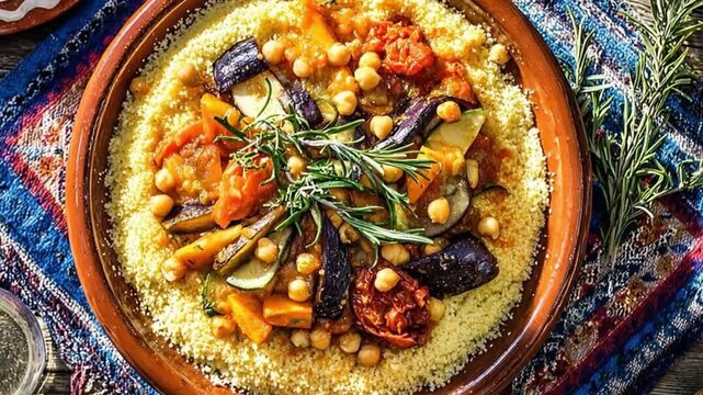 Traditional couscous served in a clay bowl with roasted chickpeas and Mediterranean vegetables. Healthy vegetarian meal concept for dinner or rustic celebration.