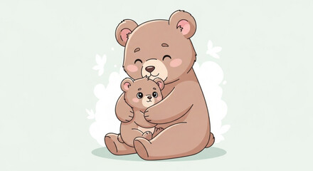 Cute brown bear and cub hug love and affection heartwarming moment gentle embrace soft illustration pastel background © Shah