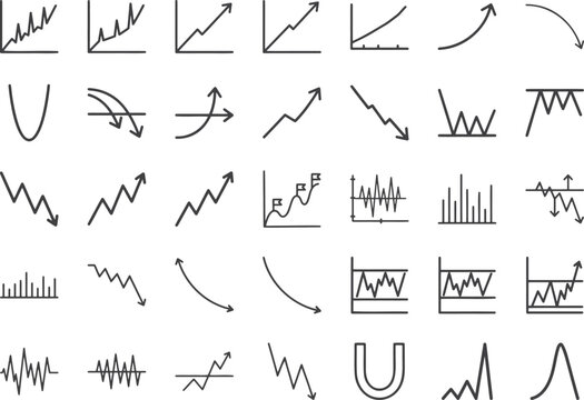 Comprehensive set of analytical graphs and statistical trend icons