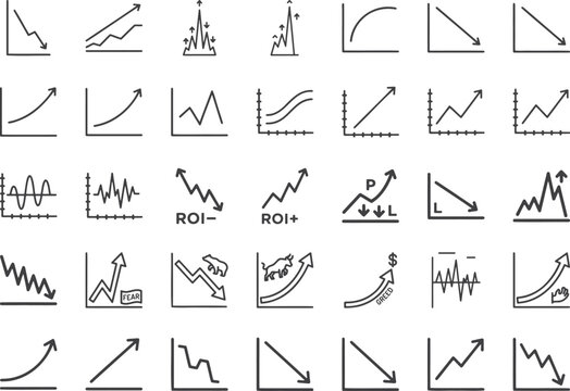 Stock market financial trends and business growth line icons