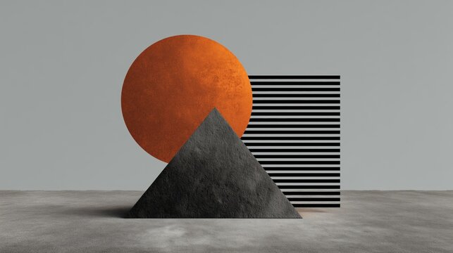 Abstract geometric scene with pyramid and sphere against striped panel minimal concrete texture composition modern design with orange accent