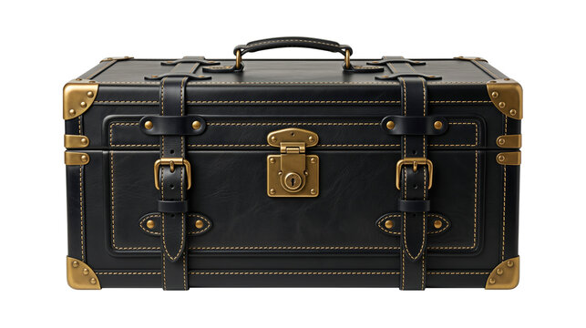 Black leather suitcase with straps and brass lock front view isolated transparent background vintage travel luggage premium accessory clipart