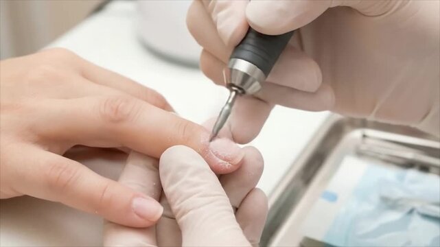 Manicurist removing cuticle from woman fingernail with electric file. Professional salon procedure in process. Cosmetic treatment for hand care and nail beauty.