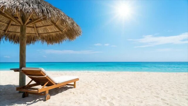 Tropical beach with wooden sun lounger and thatch umbrella. Sunny seaside landscape with white sand and blue ocean for leisure vacation and outdoor travel trip.
