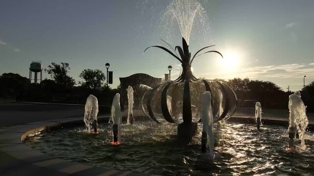 A Cinematic Fountain in Park with Lens Flare