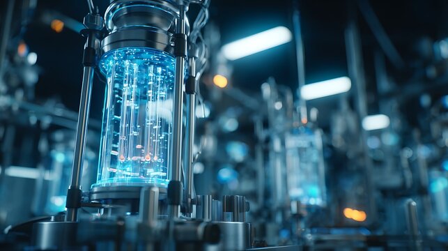 bioreactor system in futuristic pharmaceutical research laboratory with holographic process interface
