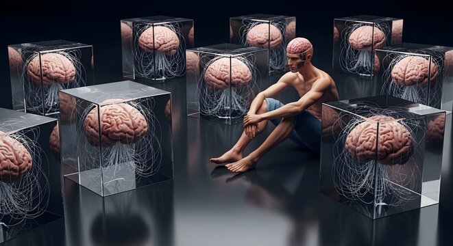 Man Surrounded by Isolated Brains in Cubes 