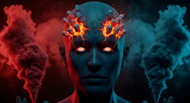 Exploding Mind with Glowing Heads and Smoke 