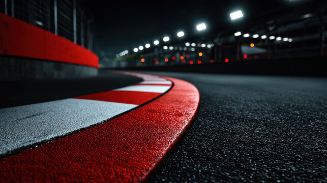 Curved racing track curb with red and white striped kerb at night under floodlights, wet asphalt reflecting lights and blurred grandstand in background