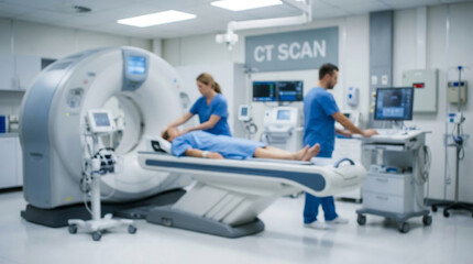 Obraz premium Advanced diagnostic imaging procedure for a patient, with the medical environment intentionally blurred to highlight the care