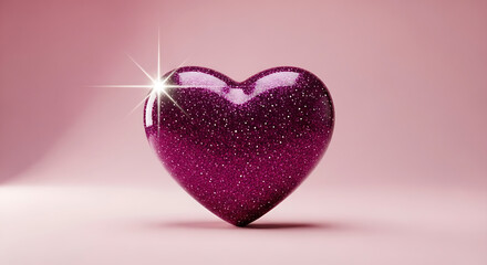 Fototapeta premium a sparkling glittery magenta heart standing on a soft pink background ideal for valentines day romance or luxury branding.